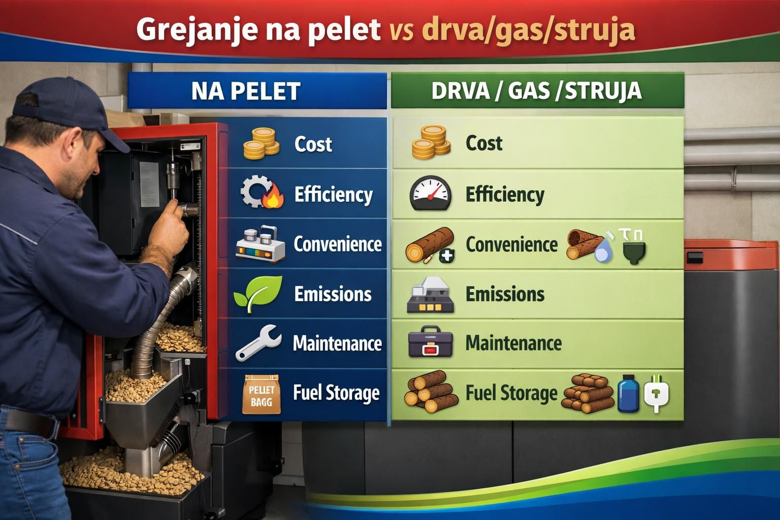Technician servicing pellet boiler beside heating comparison chart