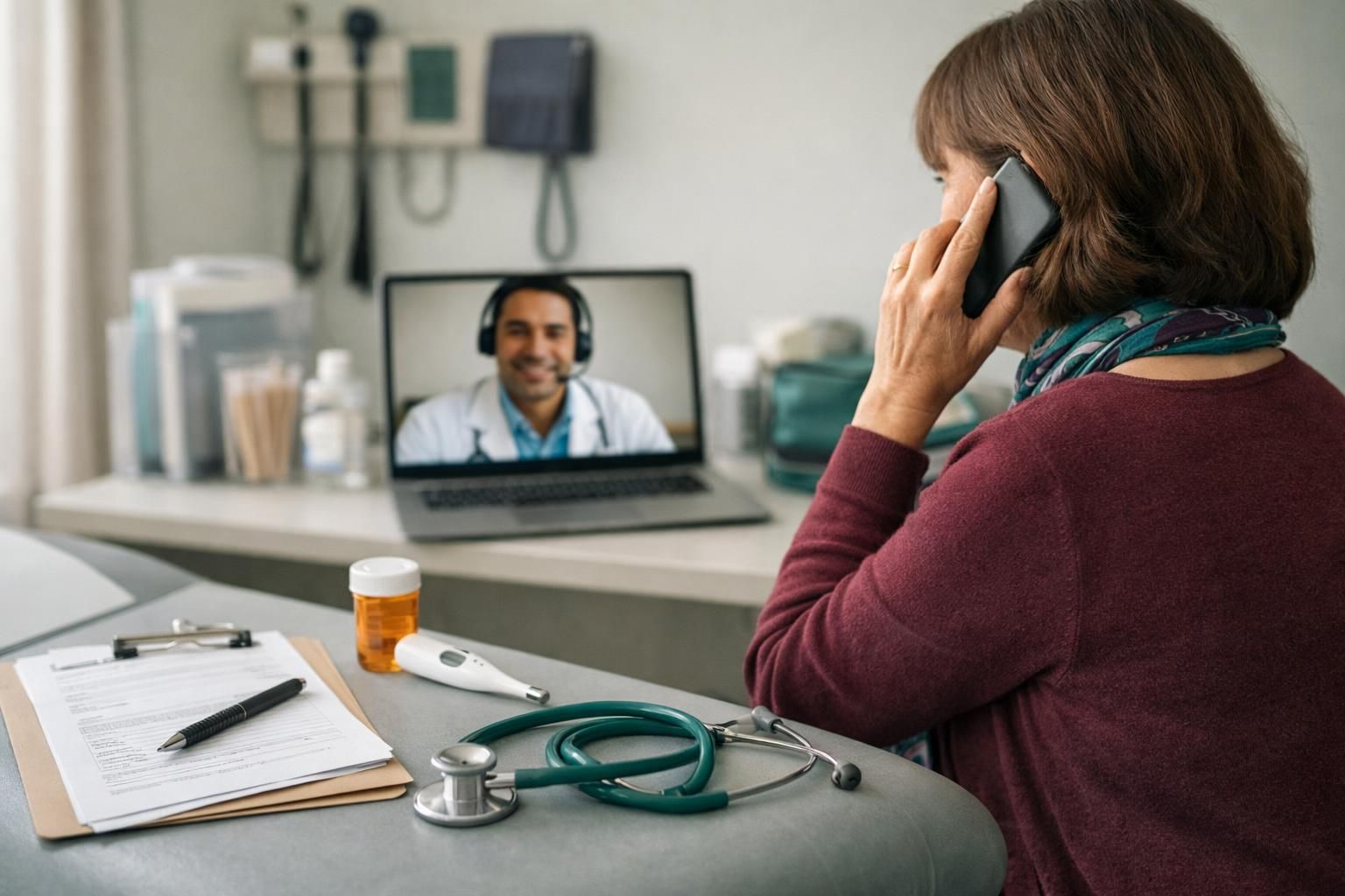Woman on phone during telehealth video call with doctor