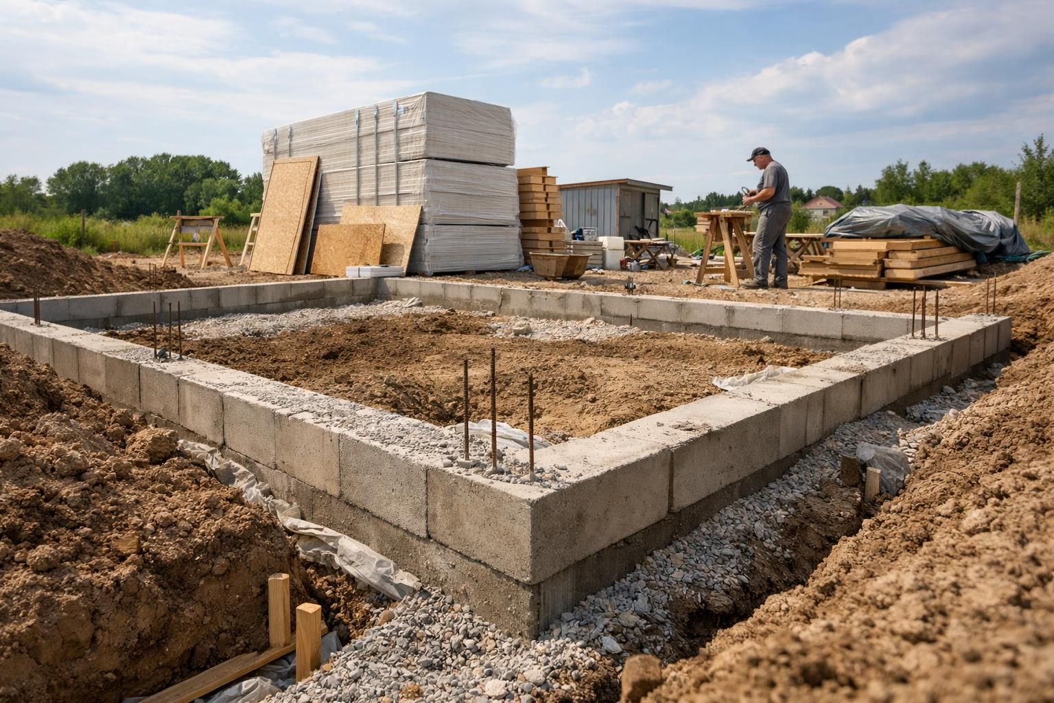 Concrete block foundation with rebar at construction site