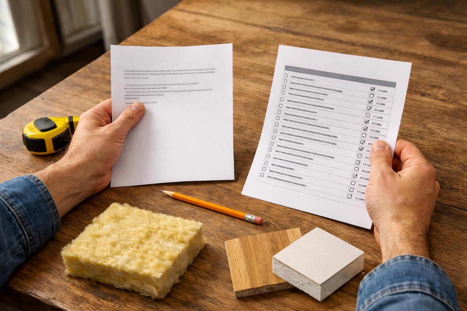 Hands holding checklist and paper on wooden table