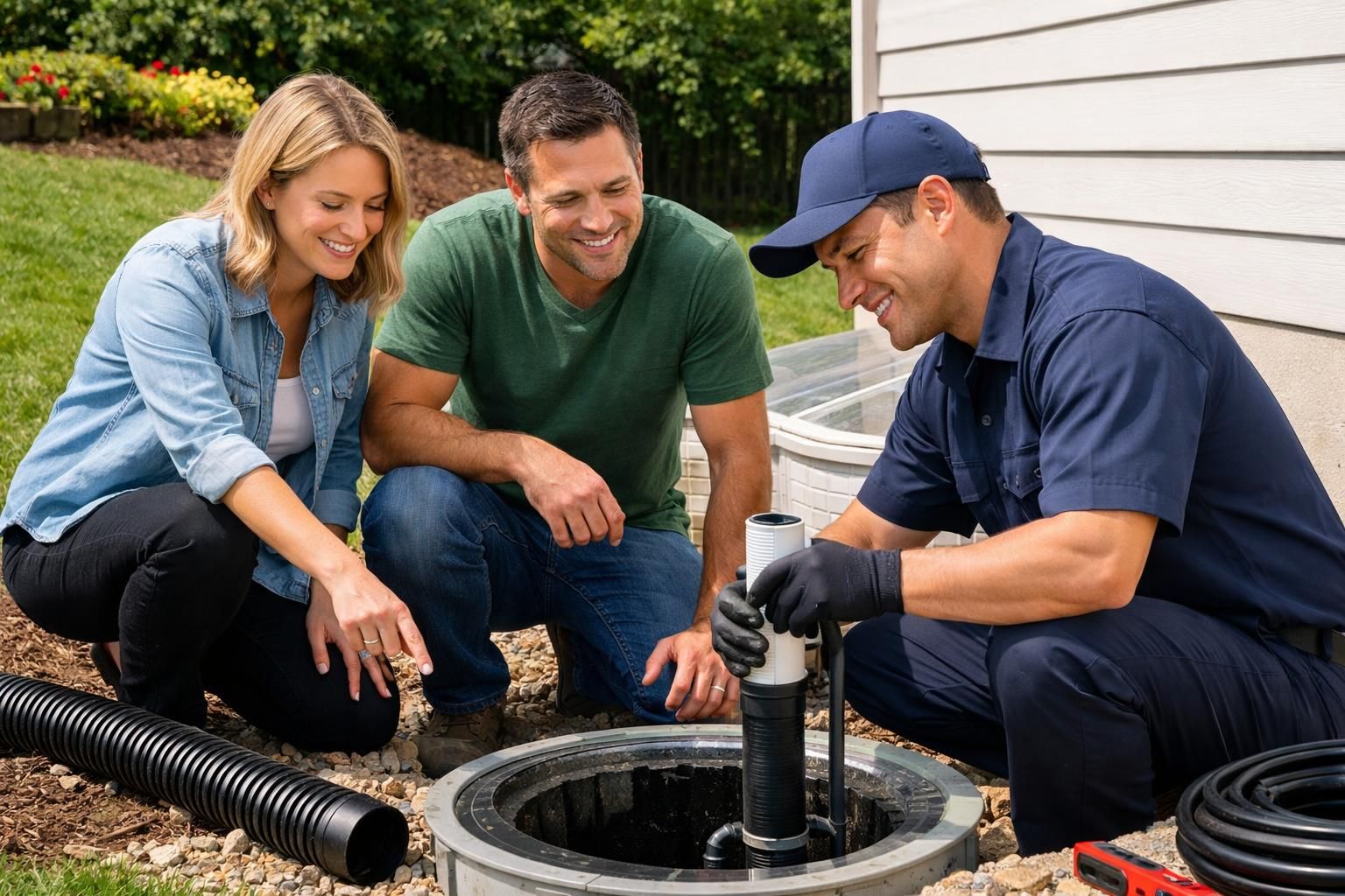 Technician inspecting sump pump with homeowners outdoors