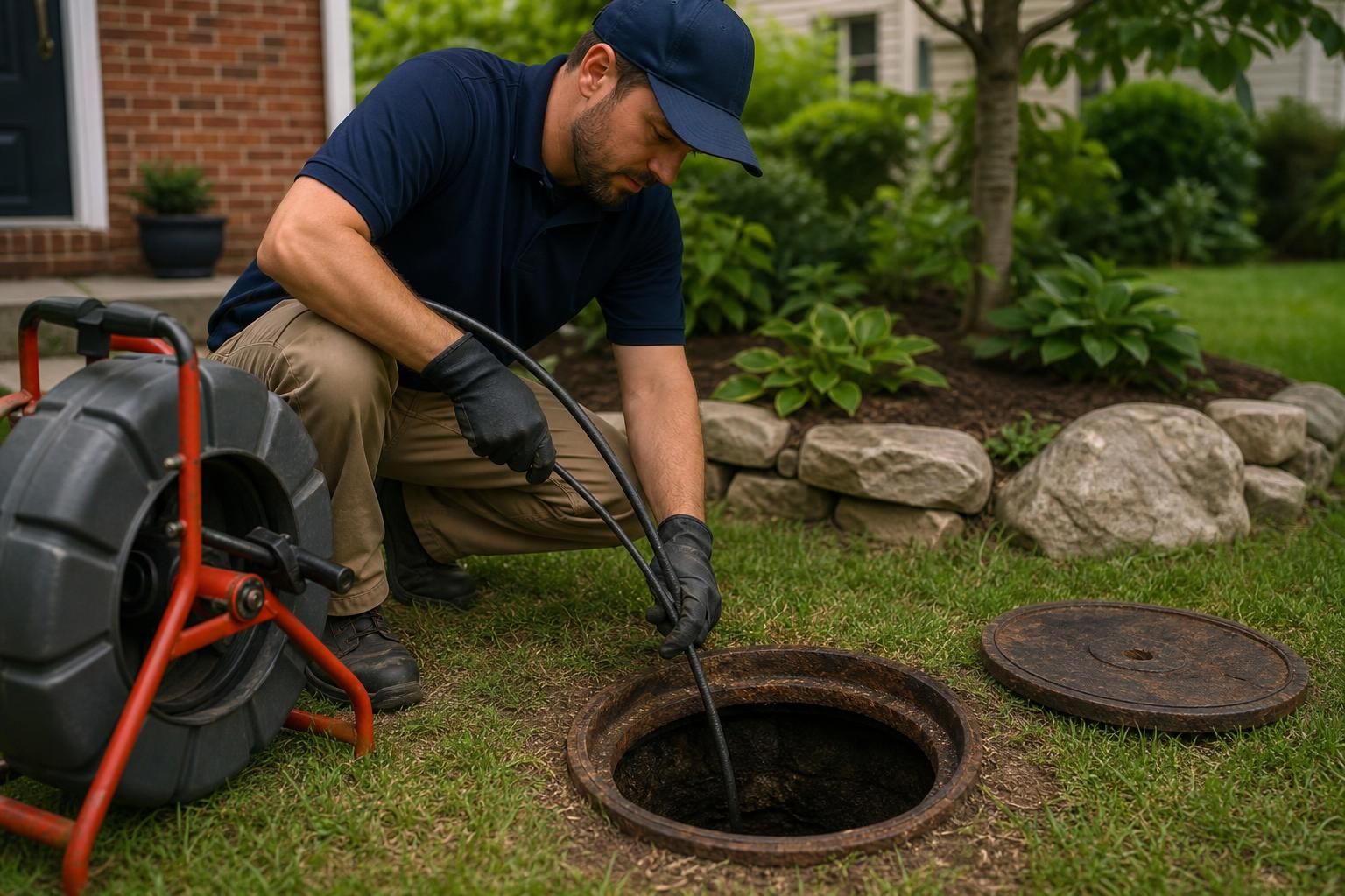 Plumber feeds drain snake cable into an open sewer cleanout