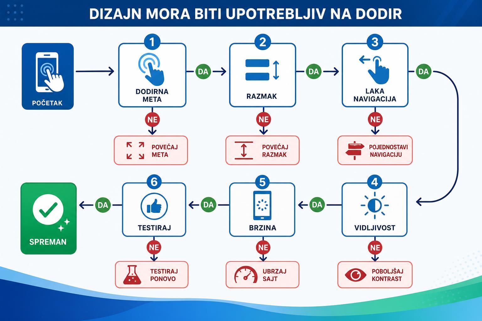 Dijagram provere dodirne mete, razmaka, navigacije i brzine