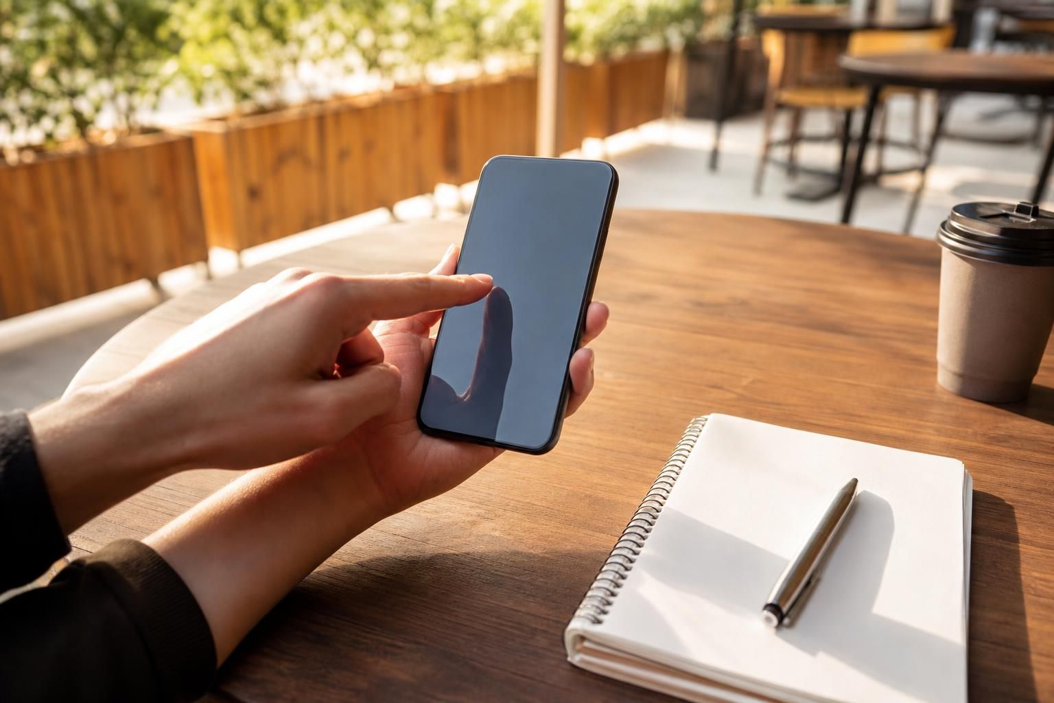 Osoba dodiruje telefon pored sveske, olovke i kafe