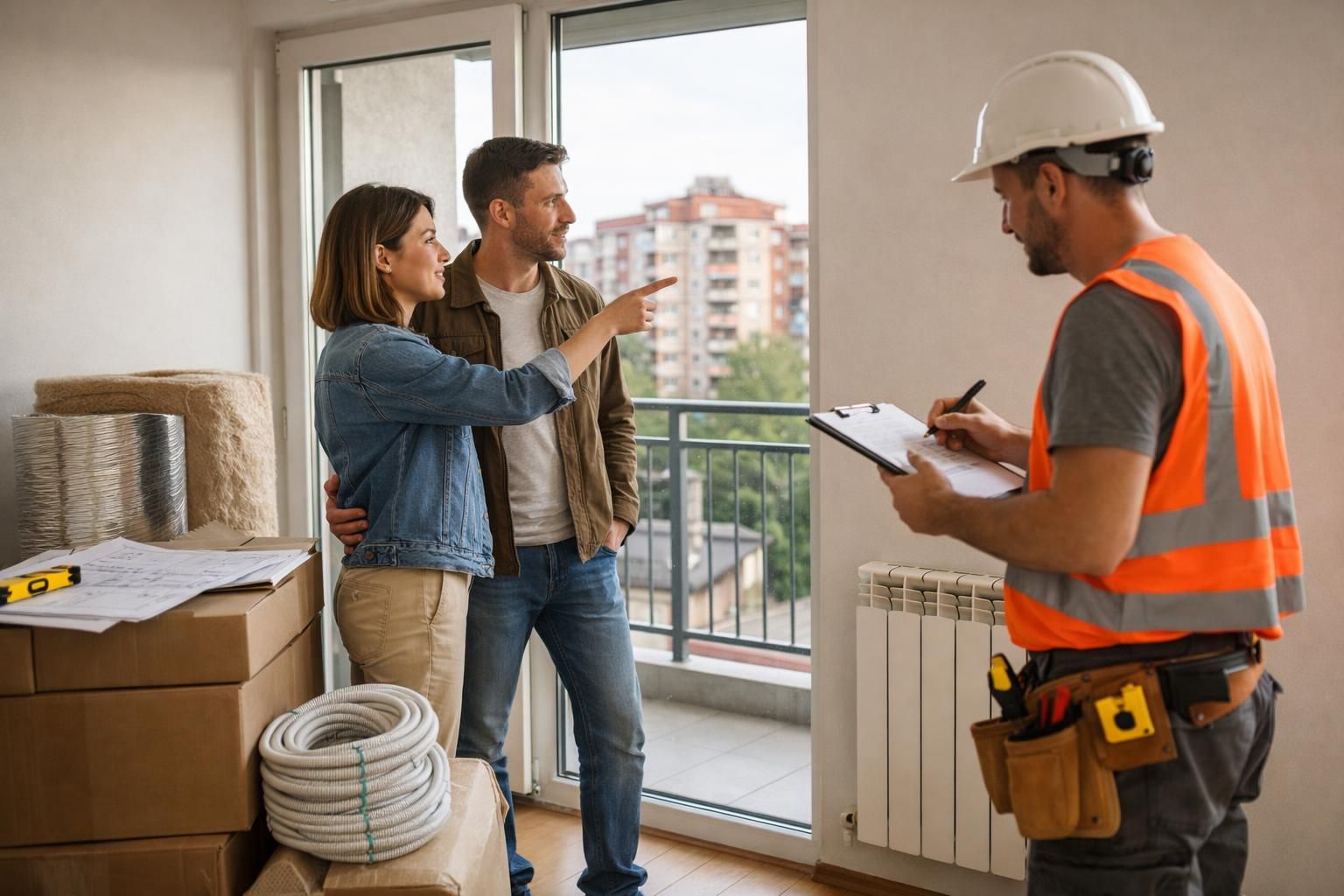 Couple discussing apartment renovation with contractor holding clipboard