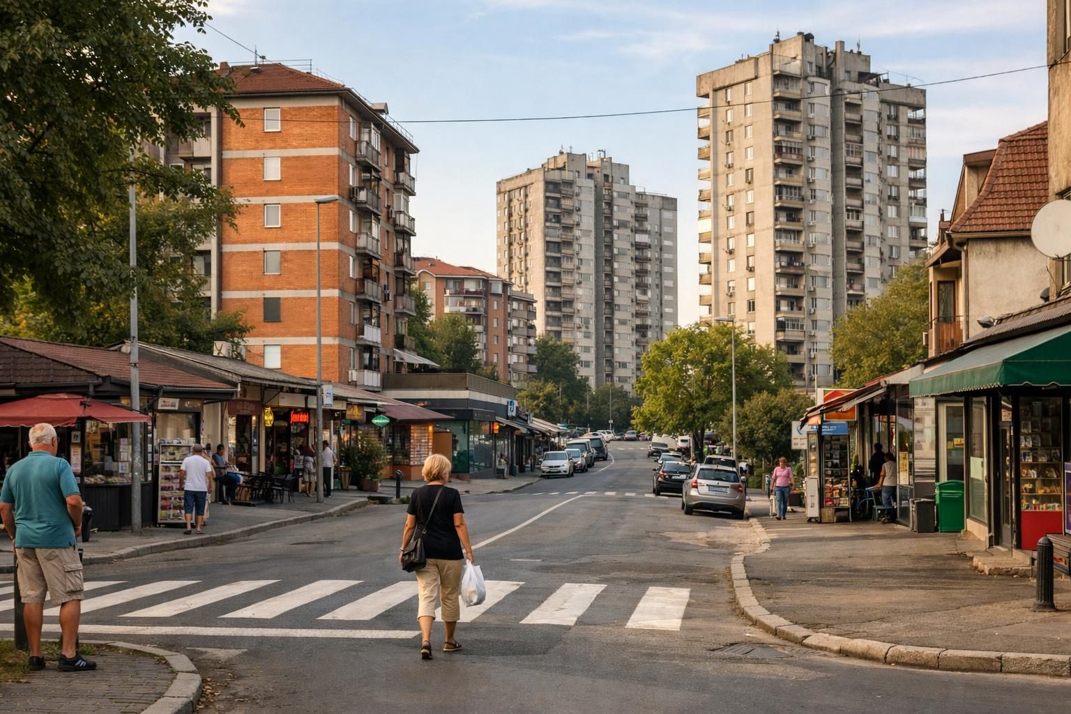 Woman crossing street near shops and tall apartment blocks