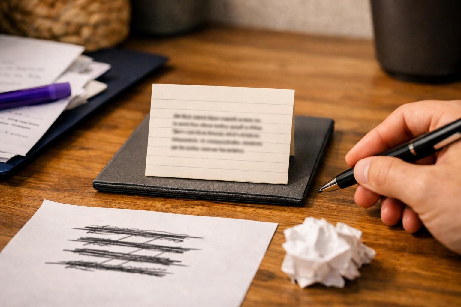 Hand holding pen beside note card on desk