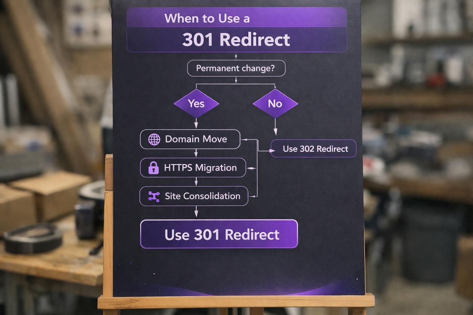 Poster flowchart showing when to use 301 redirect