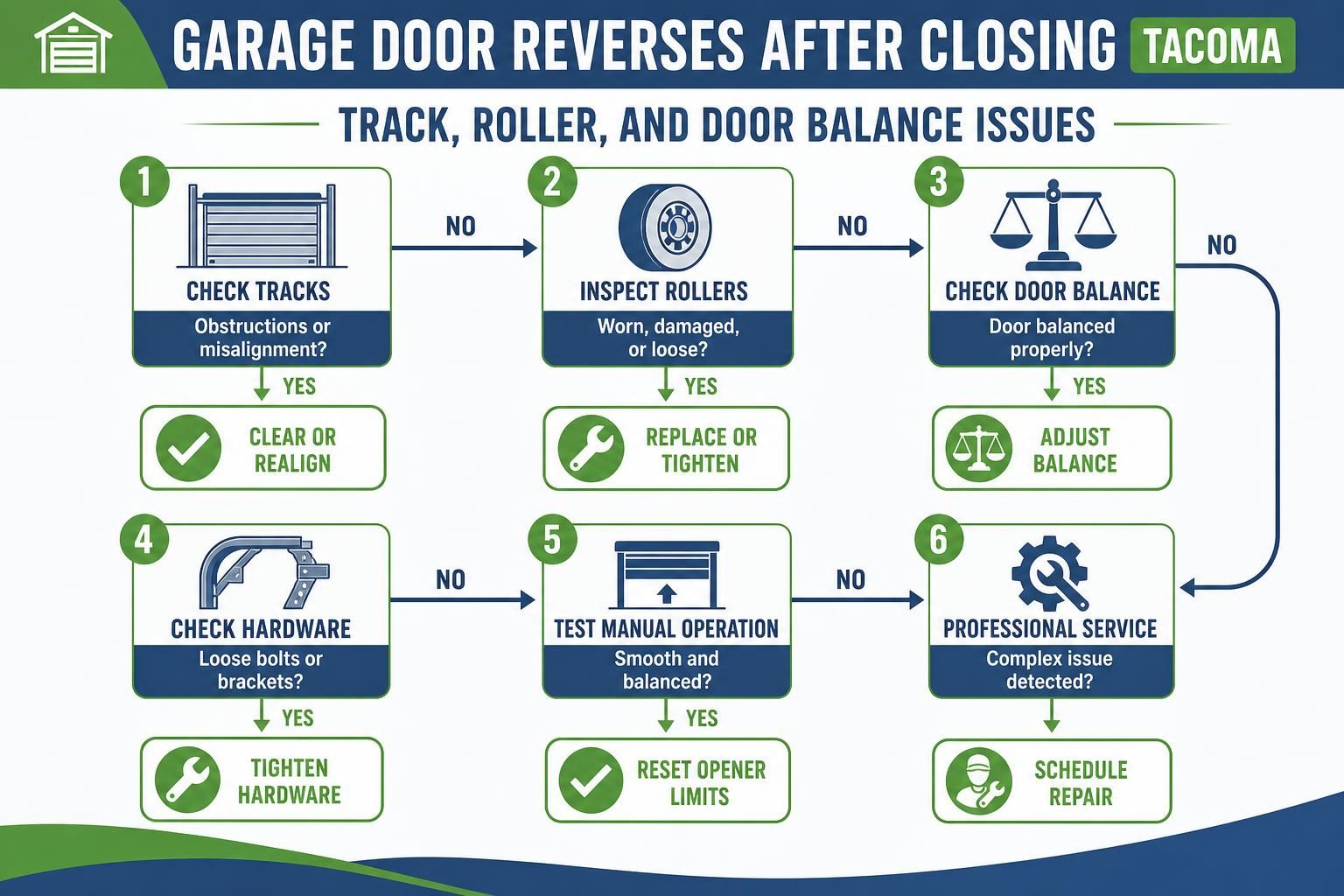 Flowchart checks garage tracks, rollers, balance, hardware, and service steps