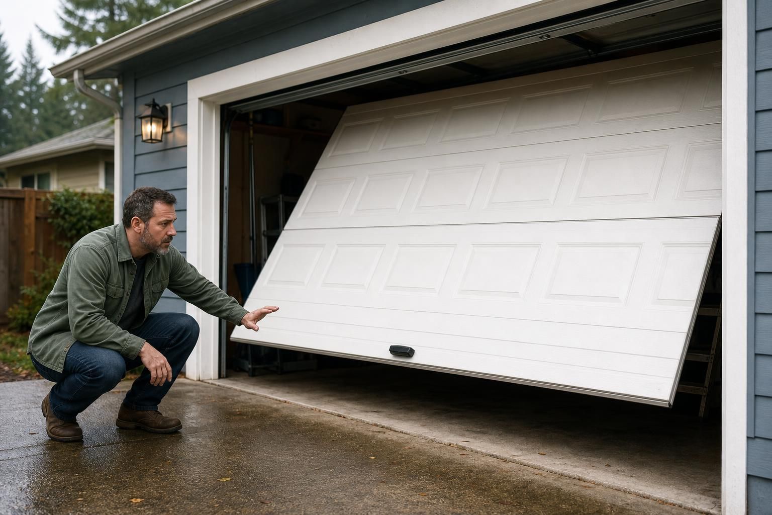Man crouches beside a reversing garage door and sensor