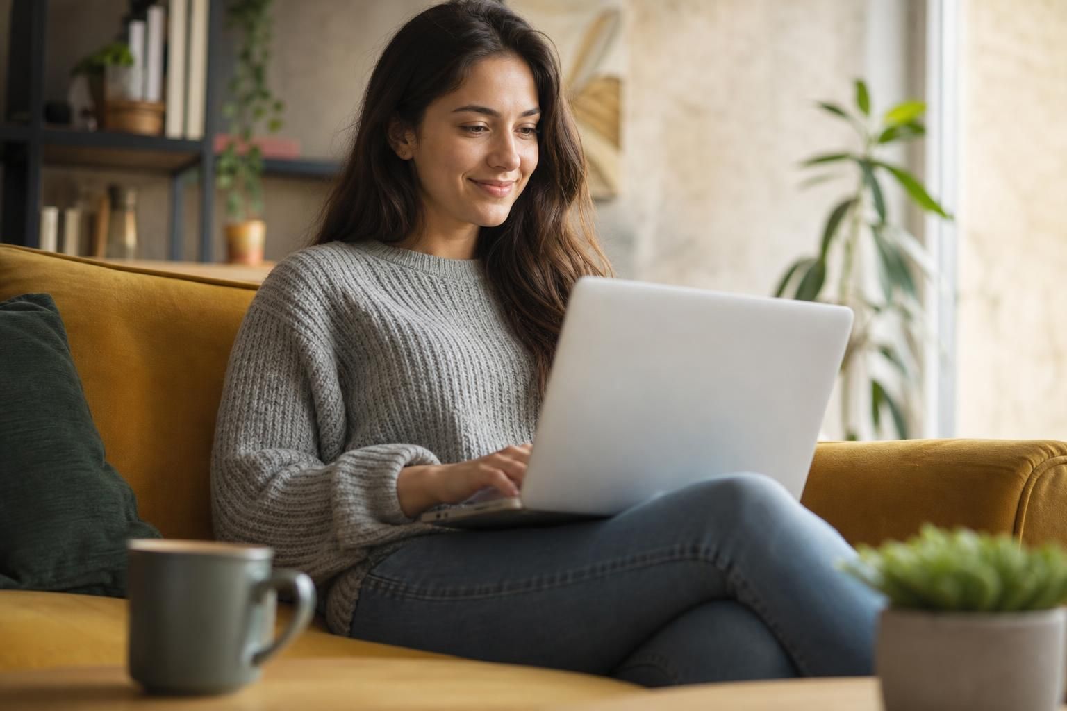 Woman typing on laptop on sofa with mug and plant