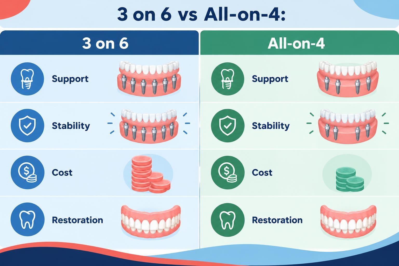 Comparison chart of 3 on 6 and All-on-4 implants