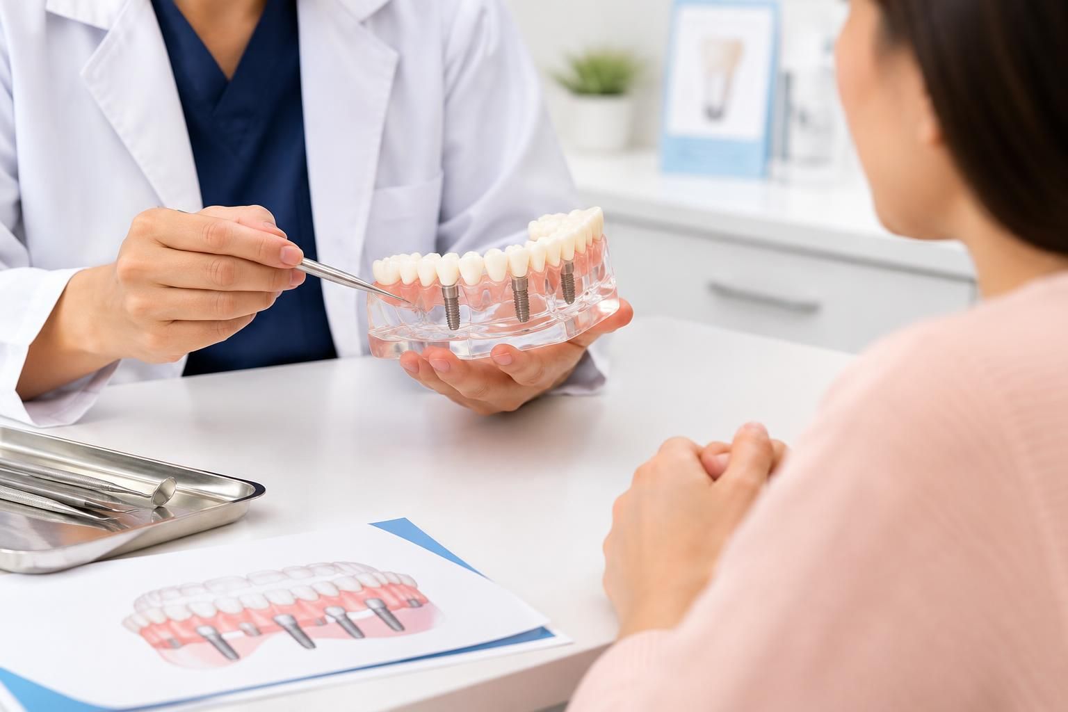 Dentist shows dental implant model to a patient