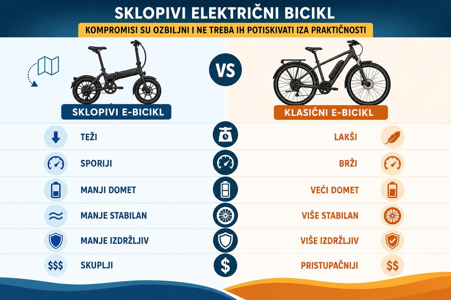 Poređenje sklopivog i klasičnog e-bicikla sa ikonama dometa