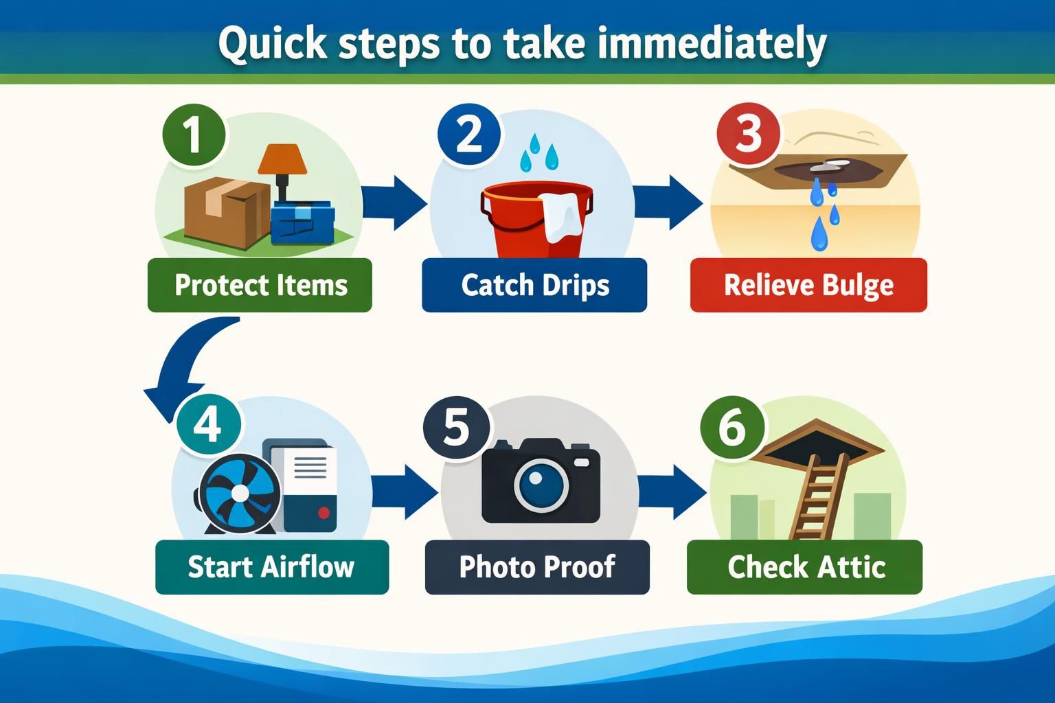 Infographic showing six steps for handling ceiling water leak