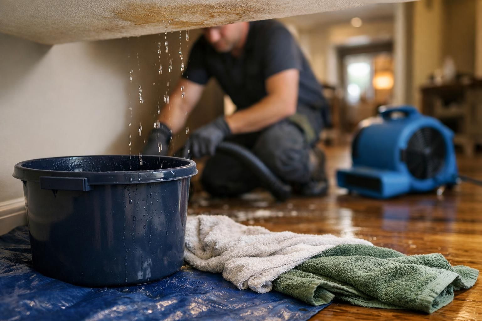 Water dripping into blue bucket during home flood cleanup