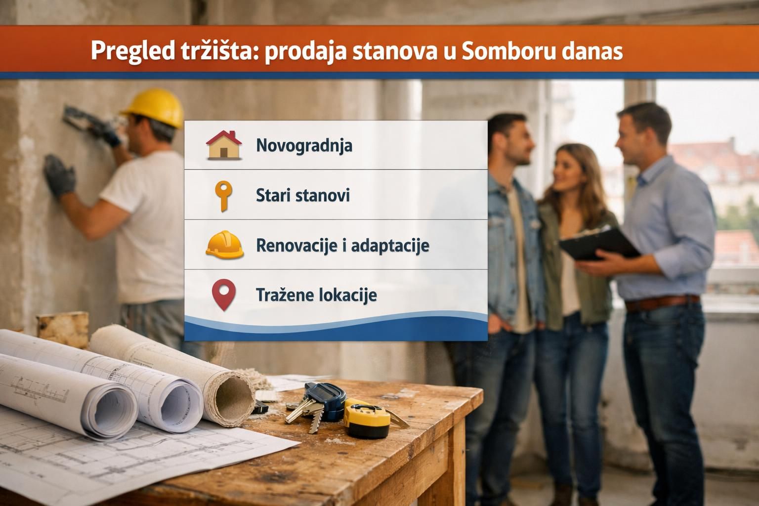 Construction worker and couple reviewing apartment market infographic