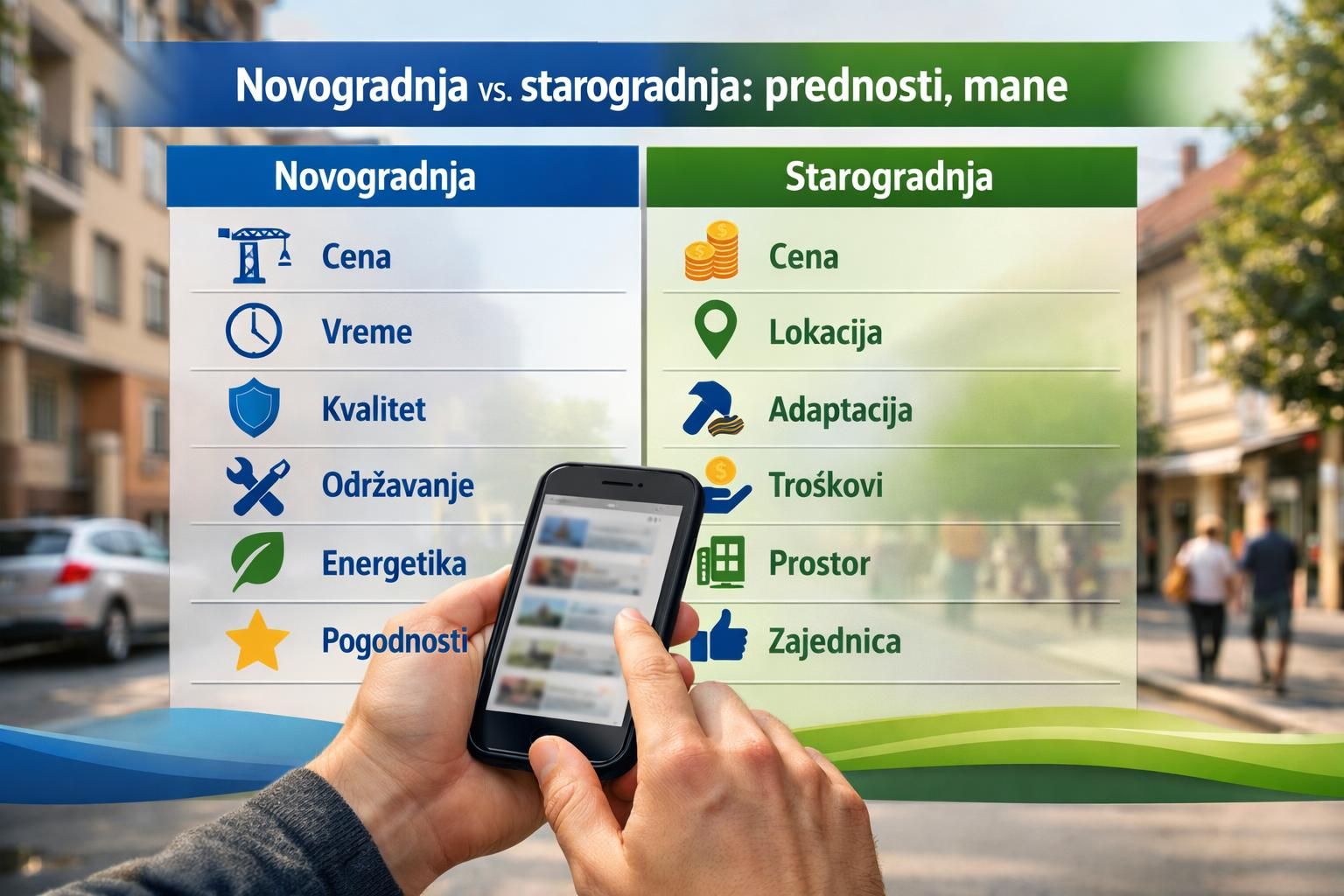 Hands holding smartphone in front of new vs old building comparison chart