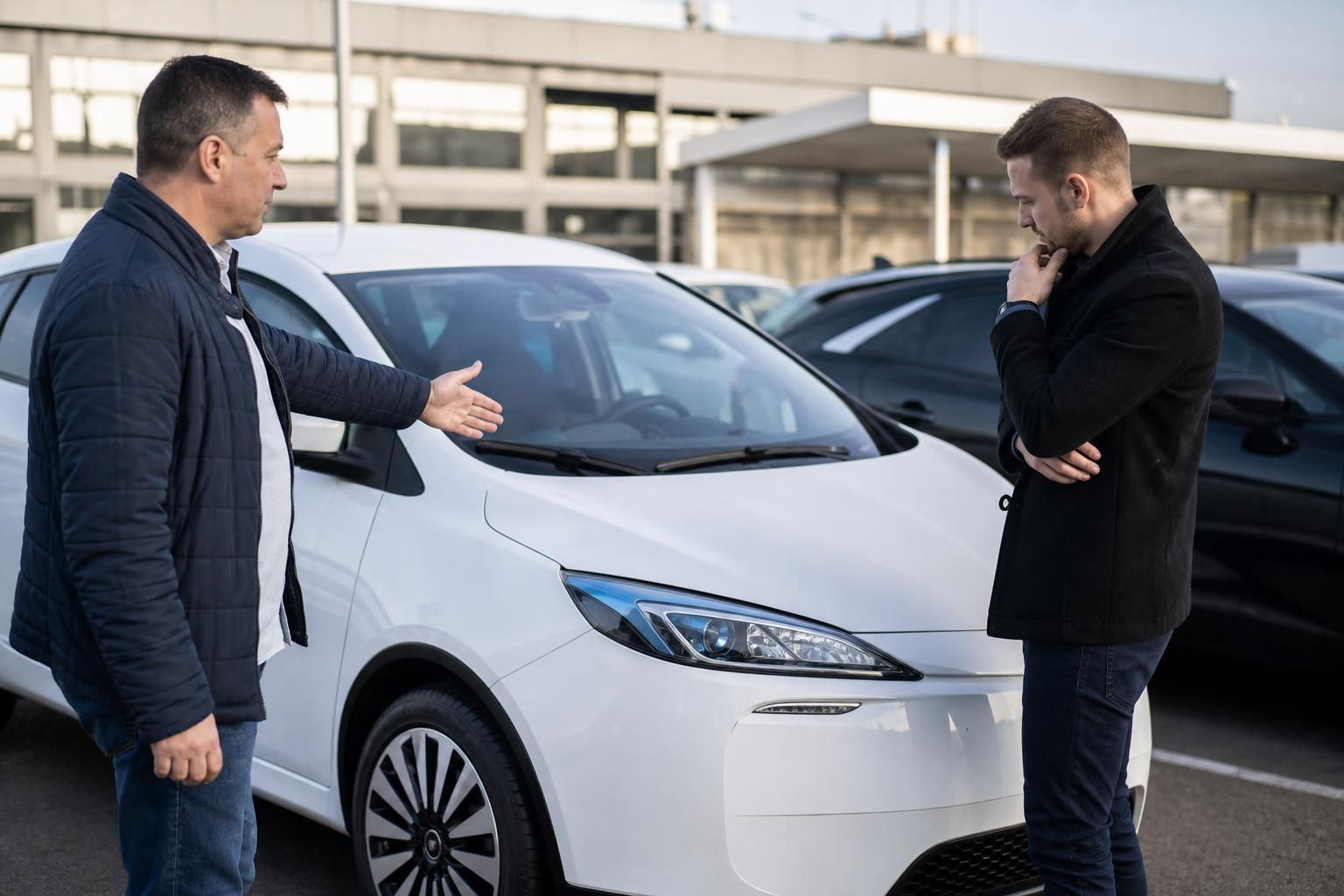 Dvojica muškaraca razgledaju beli automobil na parkingu
