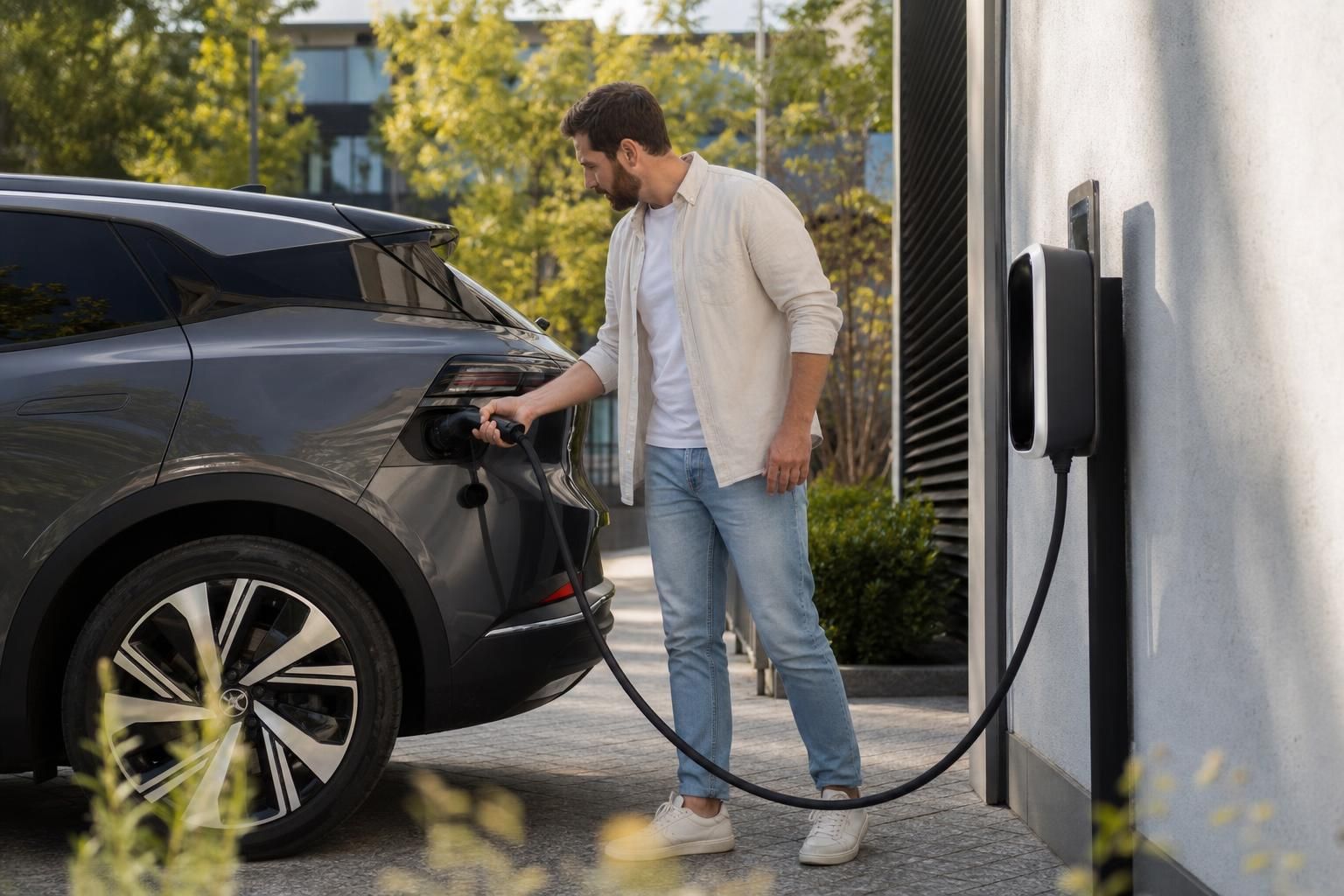 Muškarac puni električni automobil na kućnom punjaču