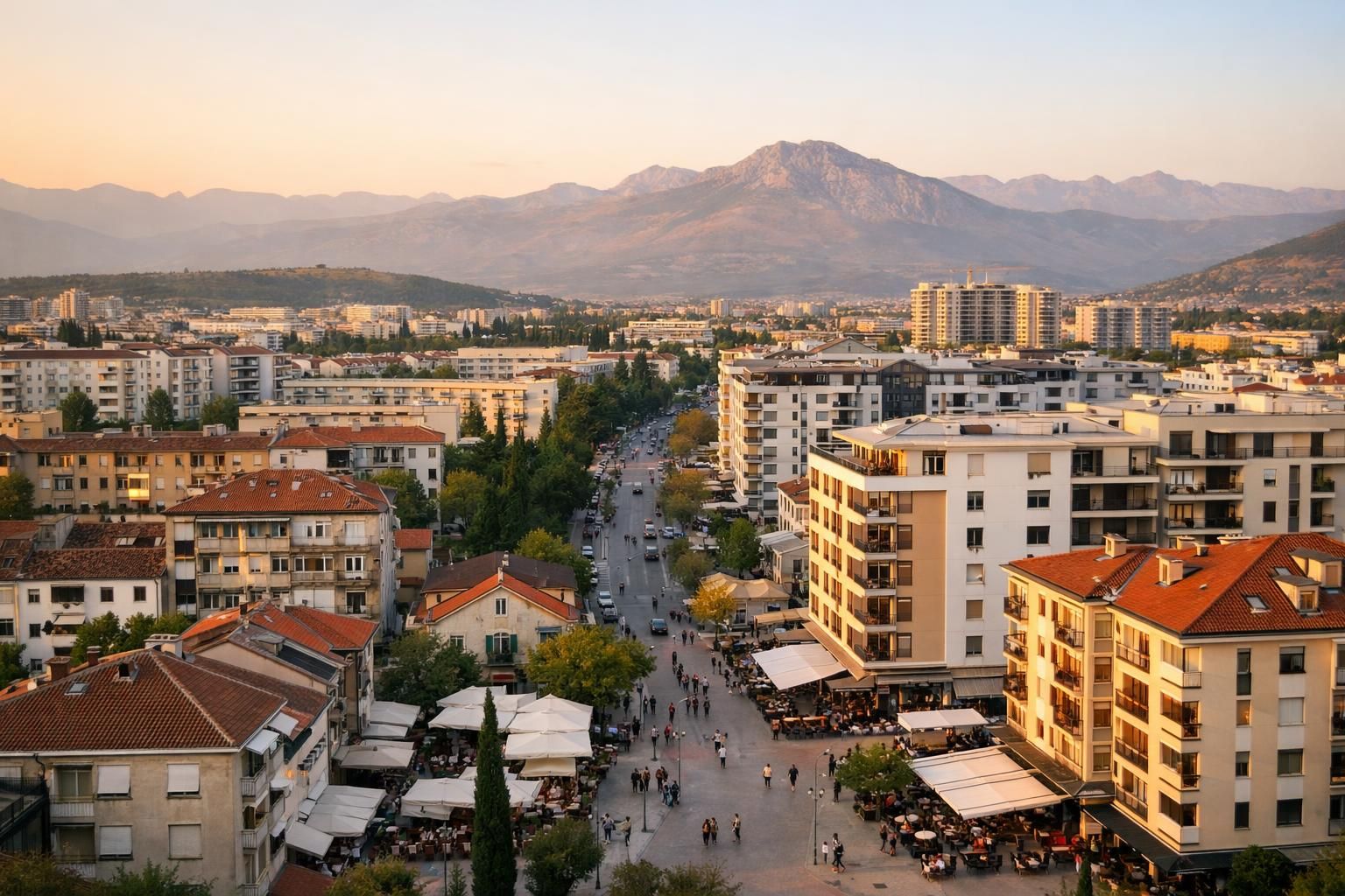 City street with cafes, apartment buildings, mountains at sunset