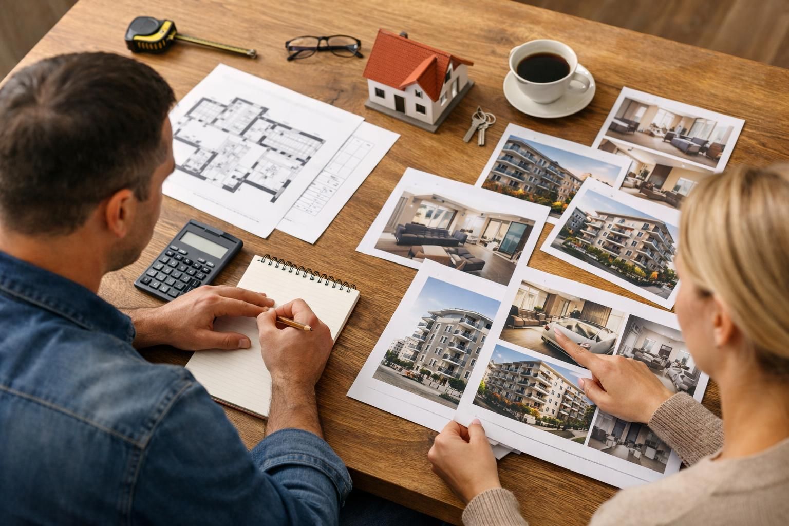 Couple reviewing apartment photos with floor plan and calculator