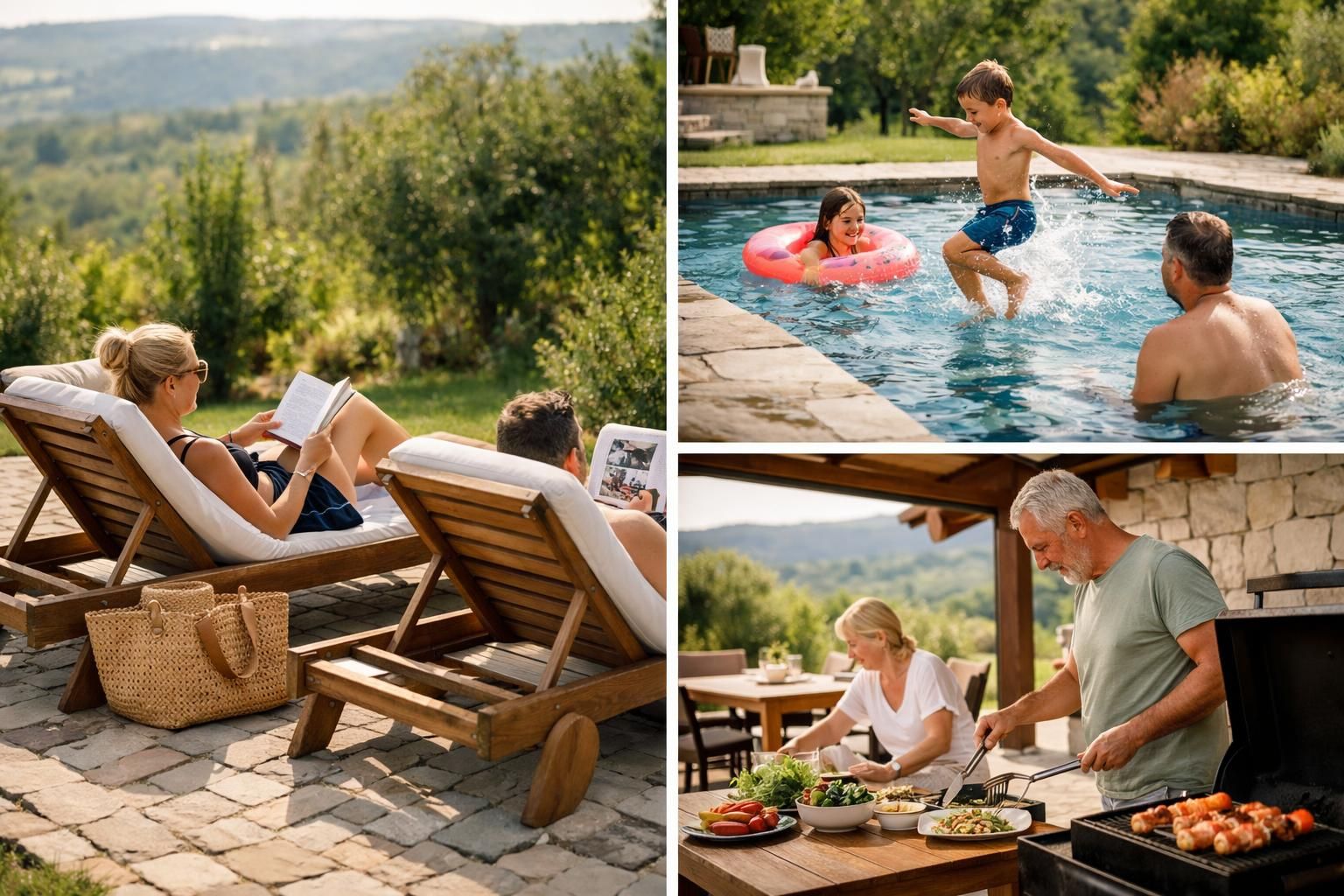 Family relaxing, swimming, and grilling at hillside vacation home