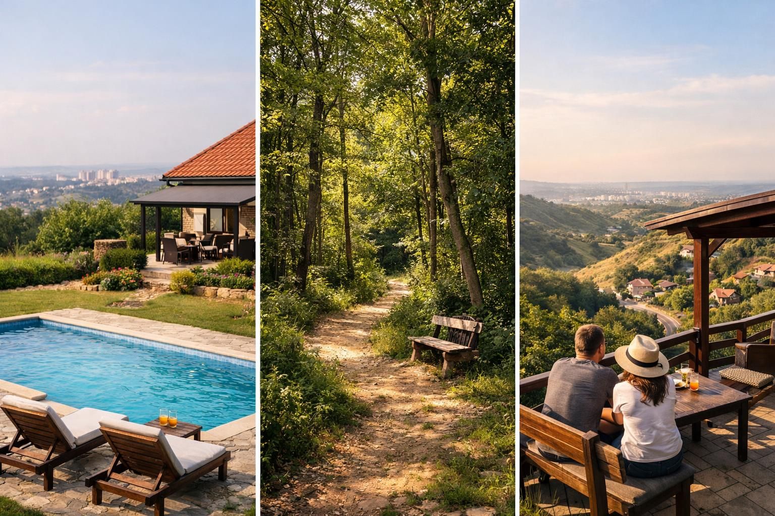Three-panel collage of pool patio, forest path, valley terrace