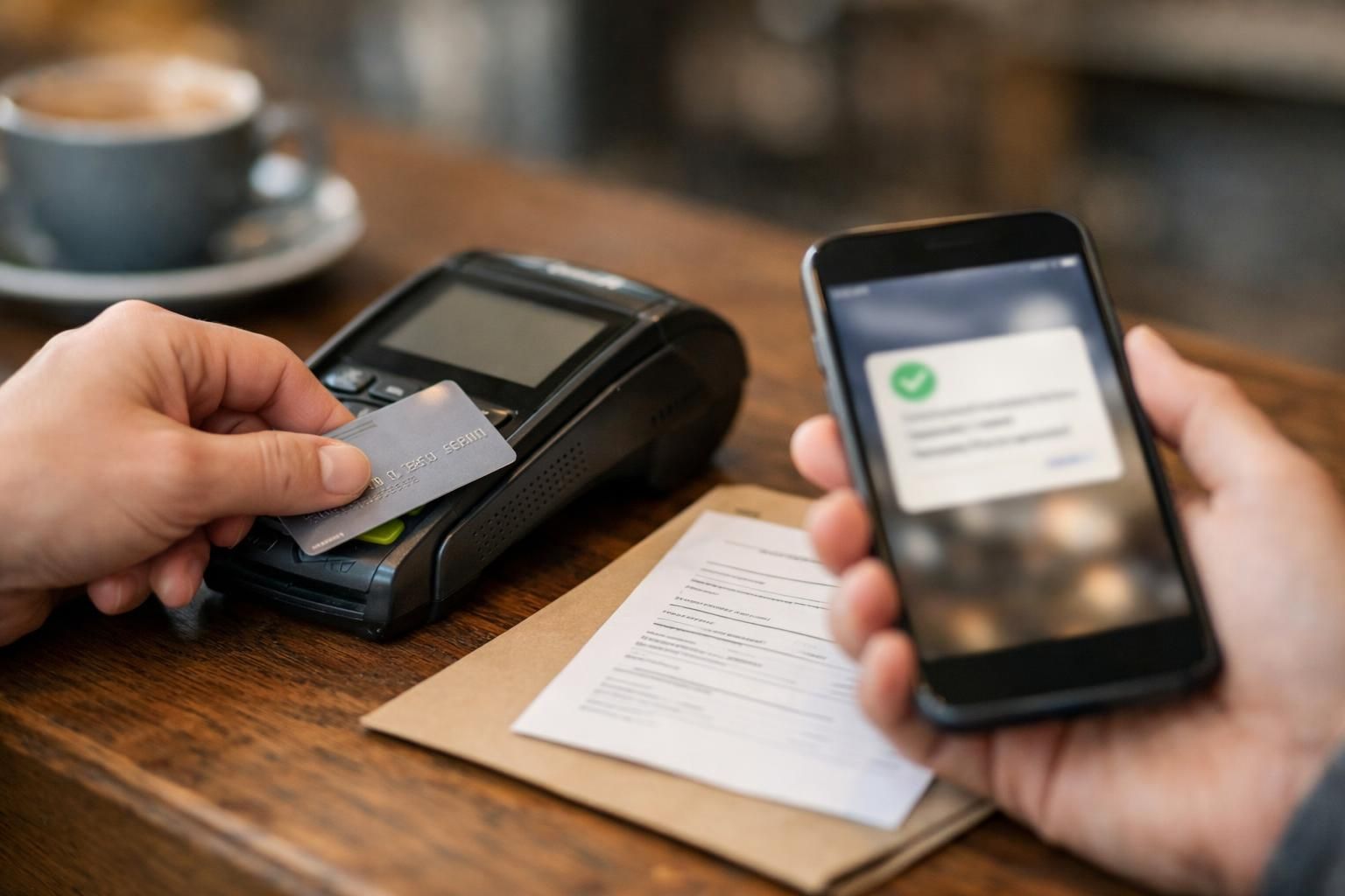 Hand tapping credit card on payment terminal, phone shows approval