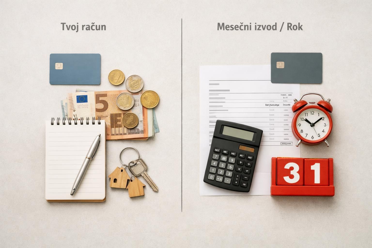Euro cash, keys, calculator, clock, and bill deadline