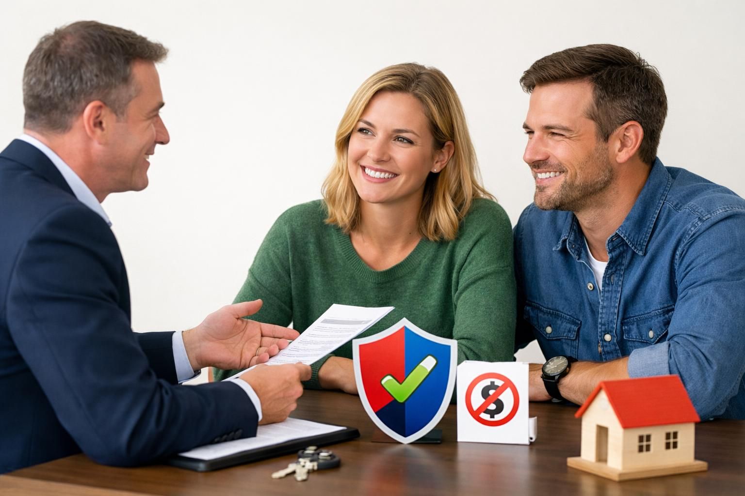Couple meeting advisor with documents, shield icon, house model
