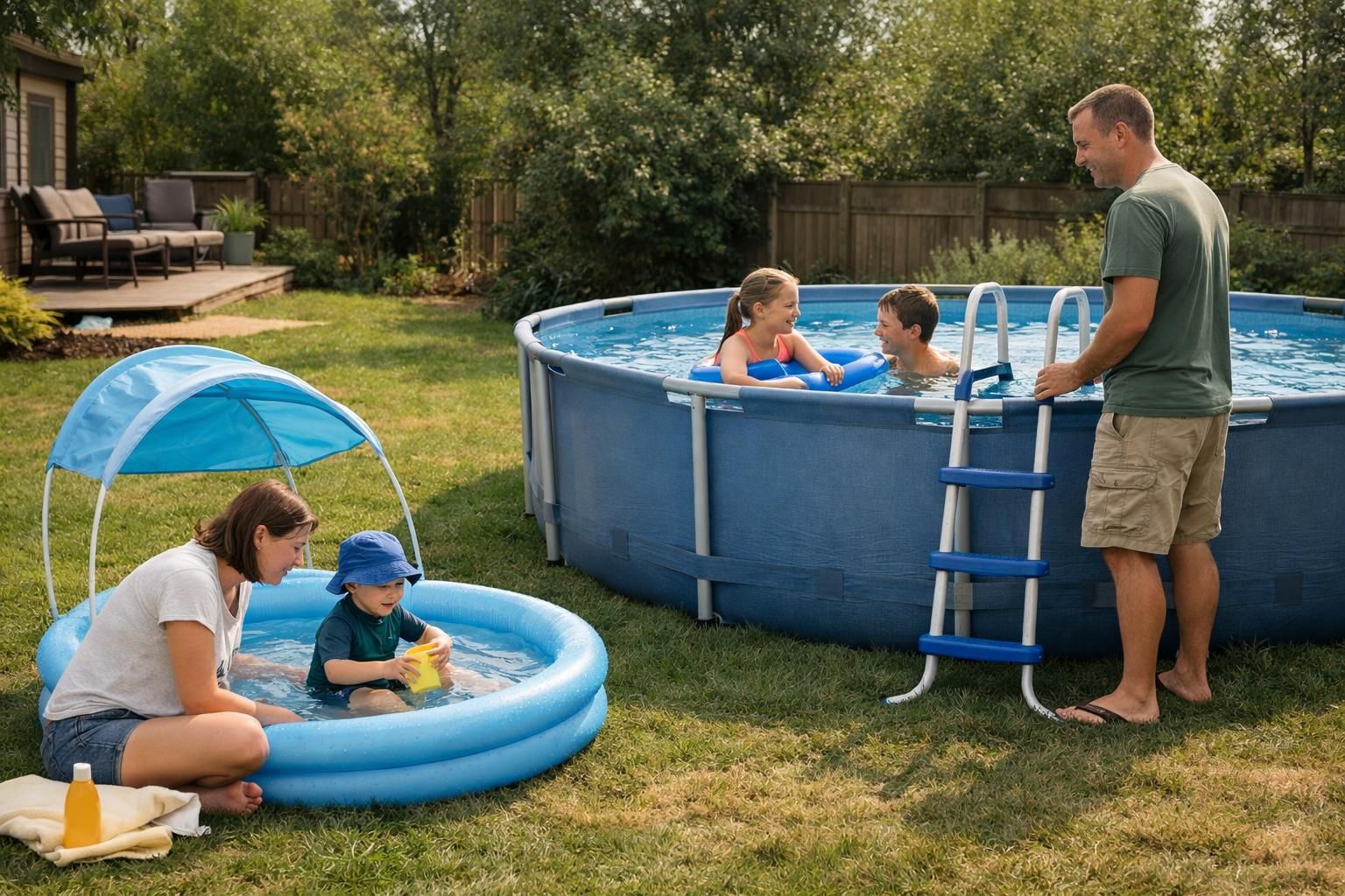 Family enjoying backyard pools with kids and father