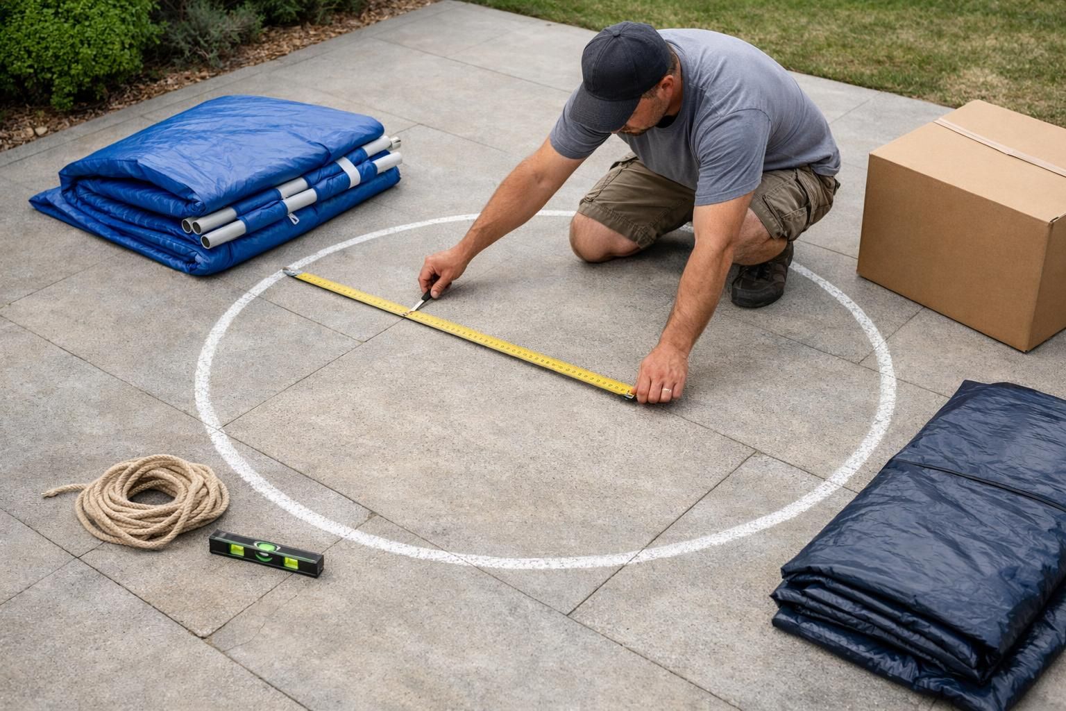 Man measures chalk circle on patio with tape measure