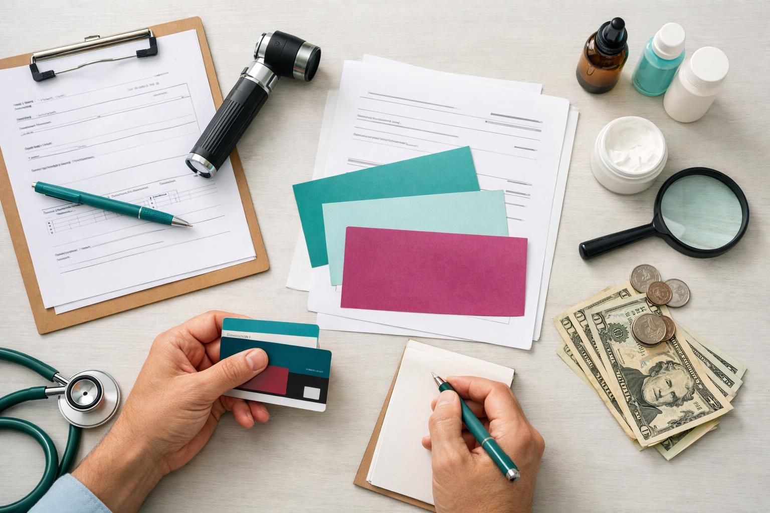 Hands holding credit card, medical forms, pills, cash