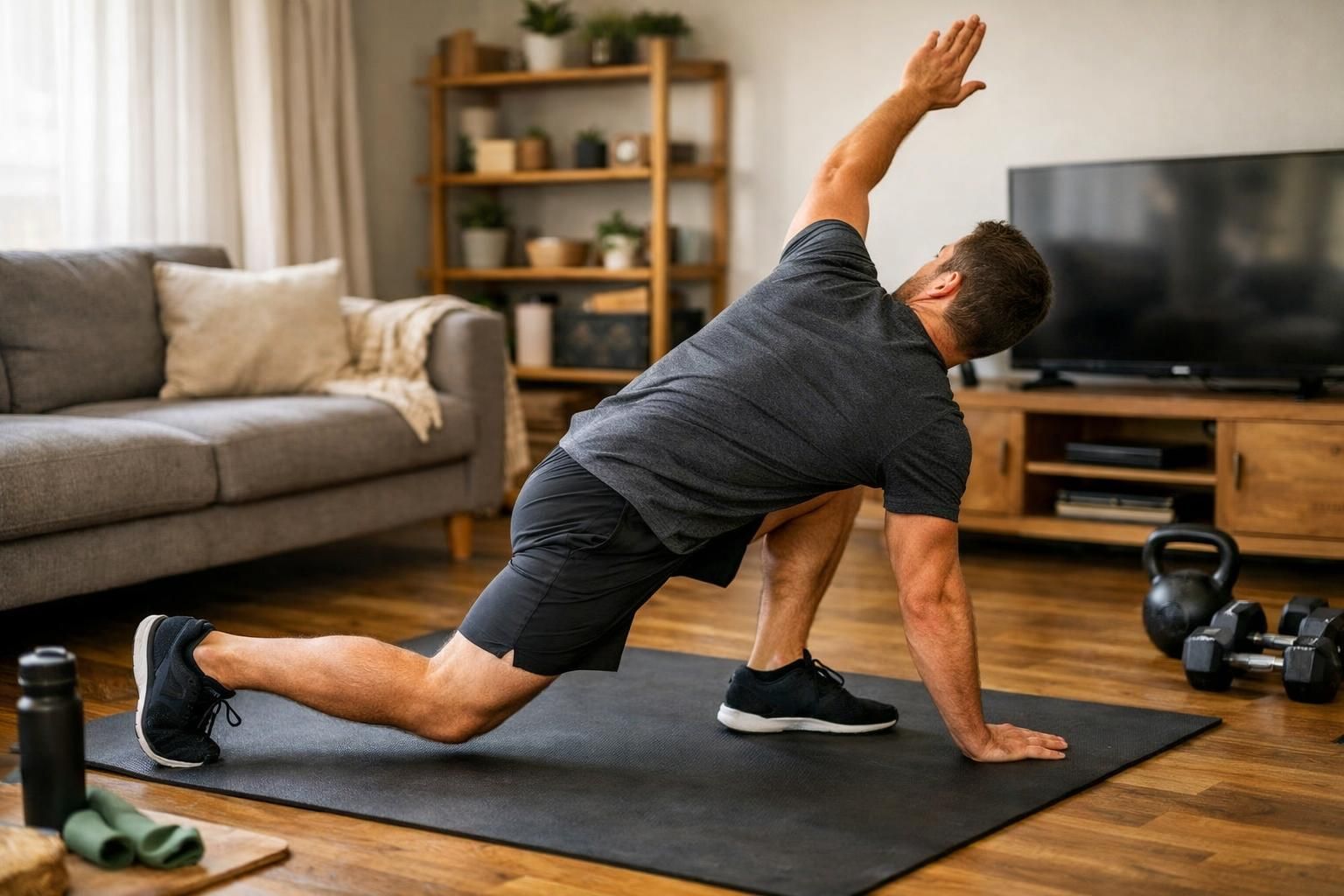 Man doing lunge stretch on mat in living room