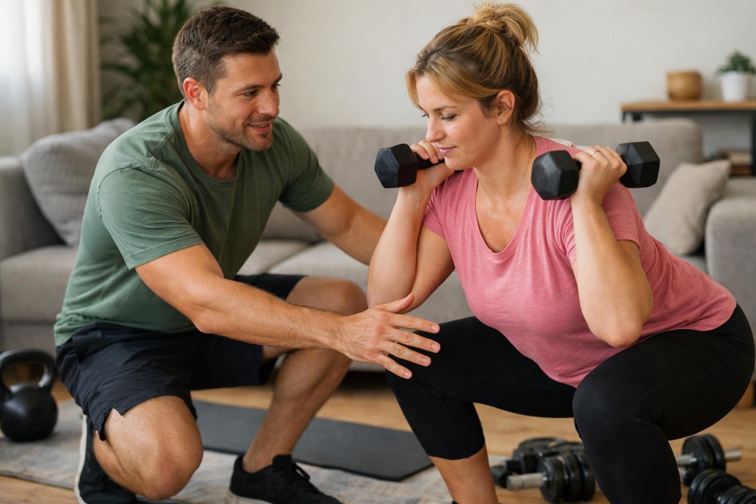 Woman squats holding dumbbells while man coaches beside her