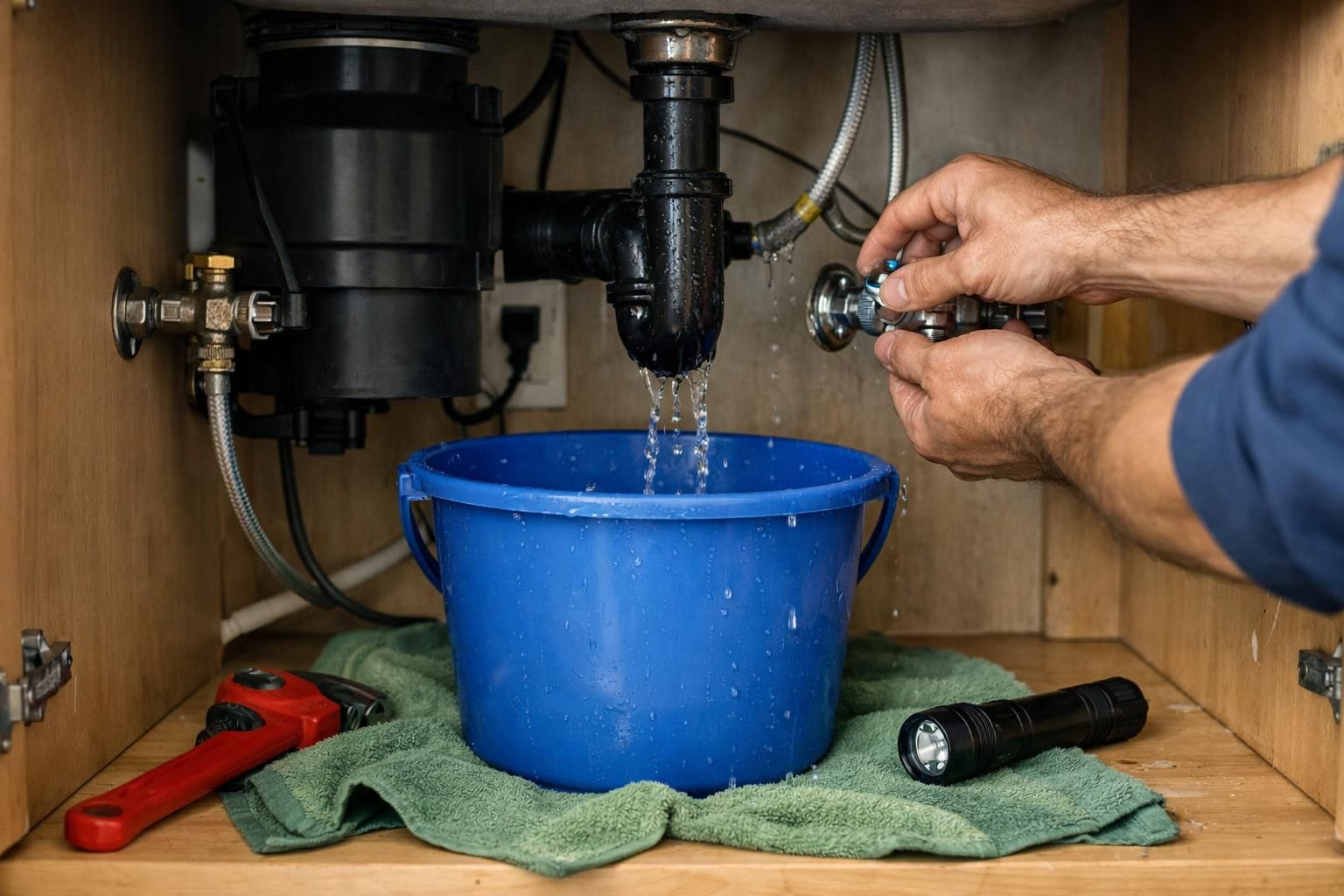 Hands tightening valve under sink with water dripping bucket