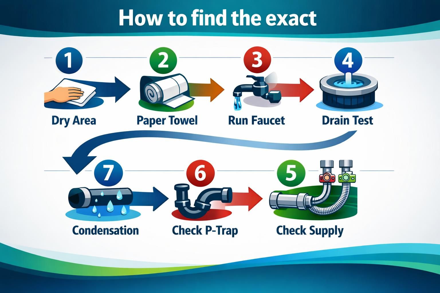 Plumbing leak checklist with icons for faucet, drain, pipes