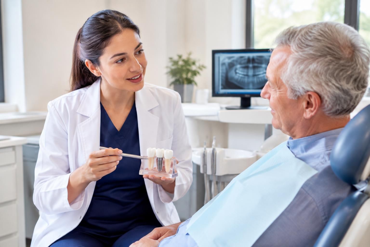 Dentist shows dental implant model to an older patient
