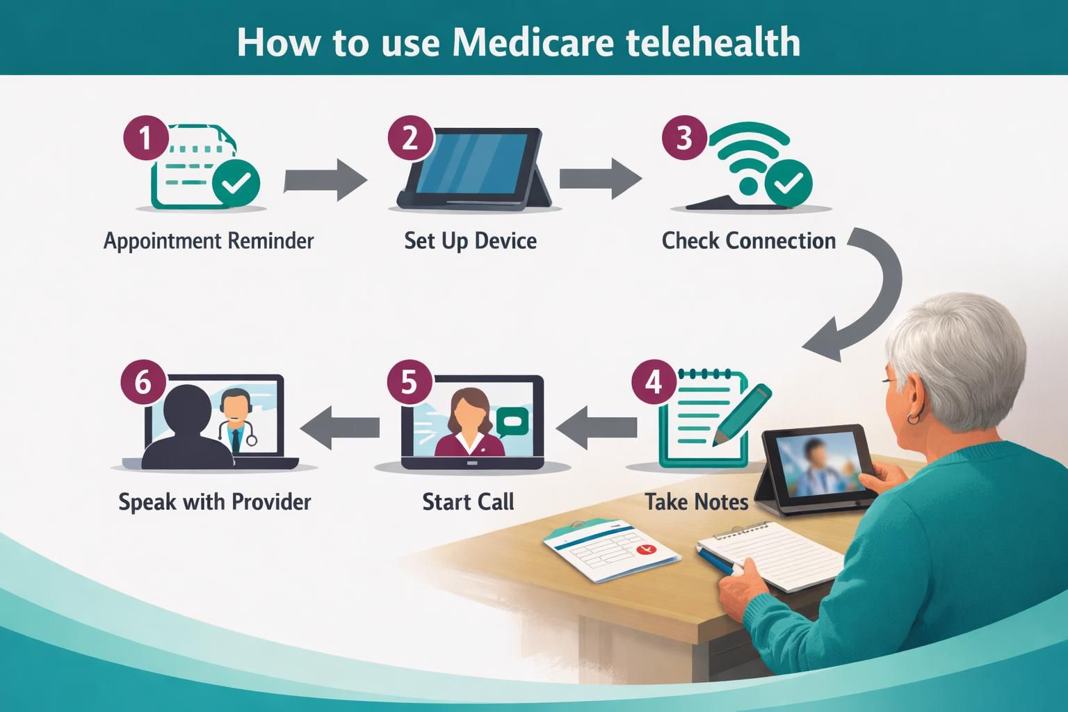 Medicare telehealth steps infographic with senior using tablet