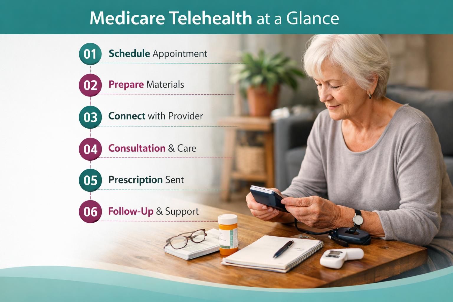 Medicare telehealth steps beside senior using blood pressure monitor