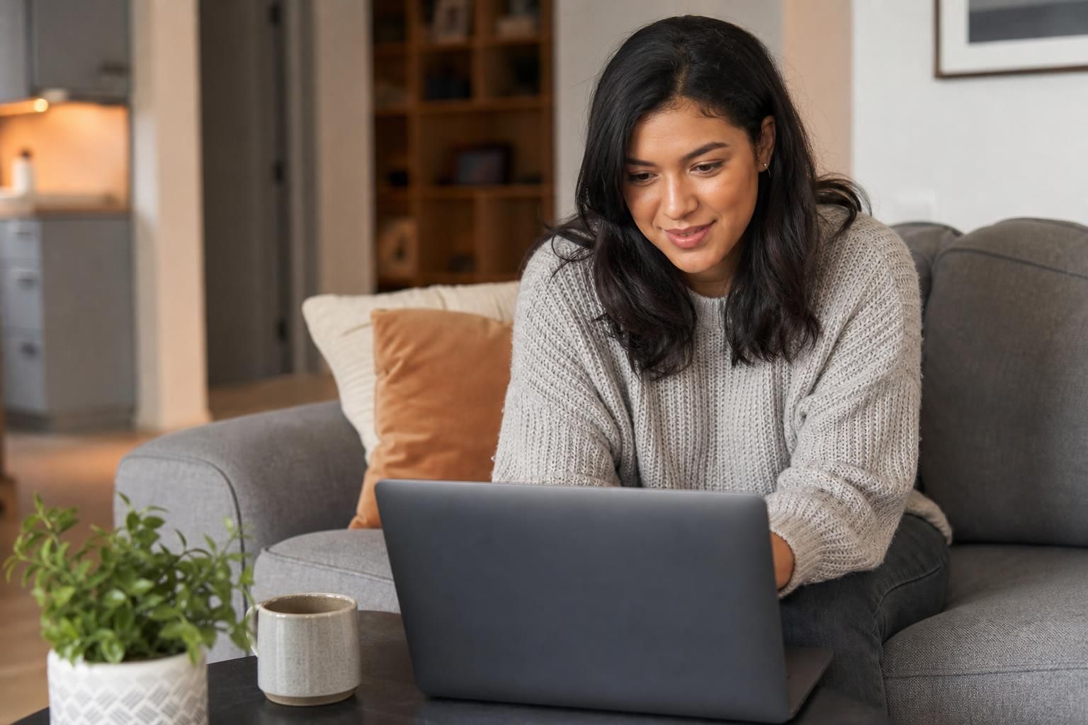 Woman using laptop on sofa with mug and plant