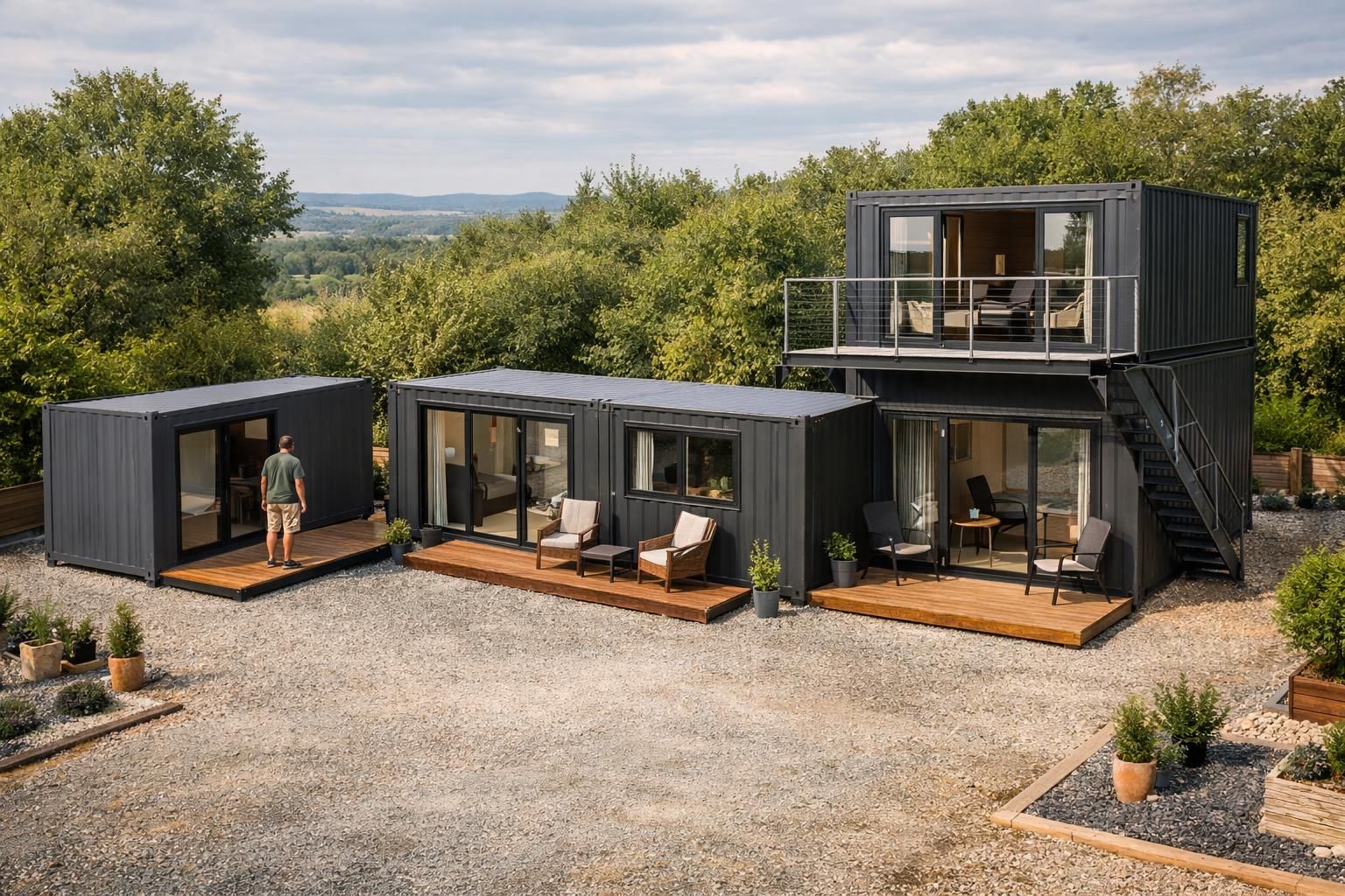 Modern black container homes with decks and balcony