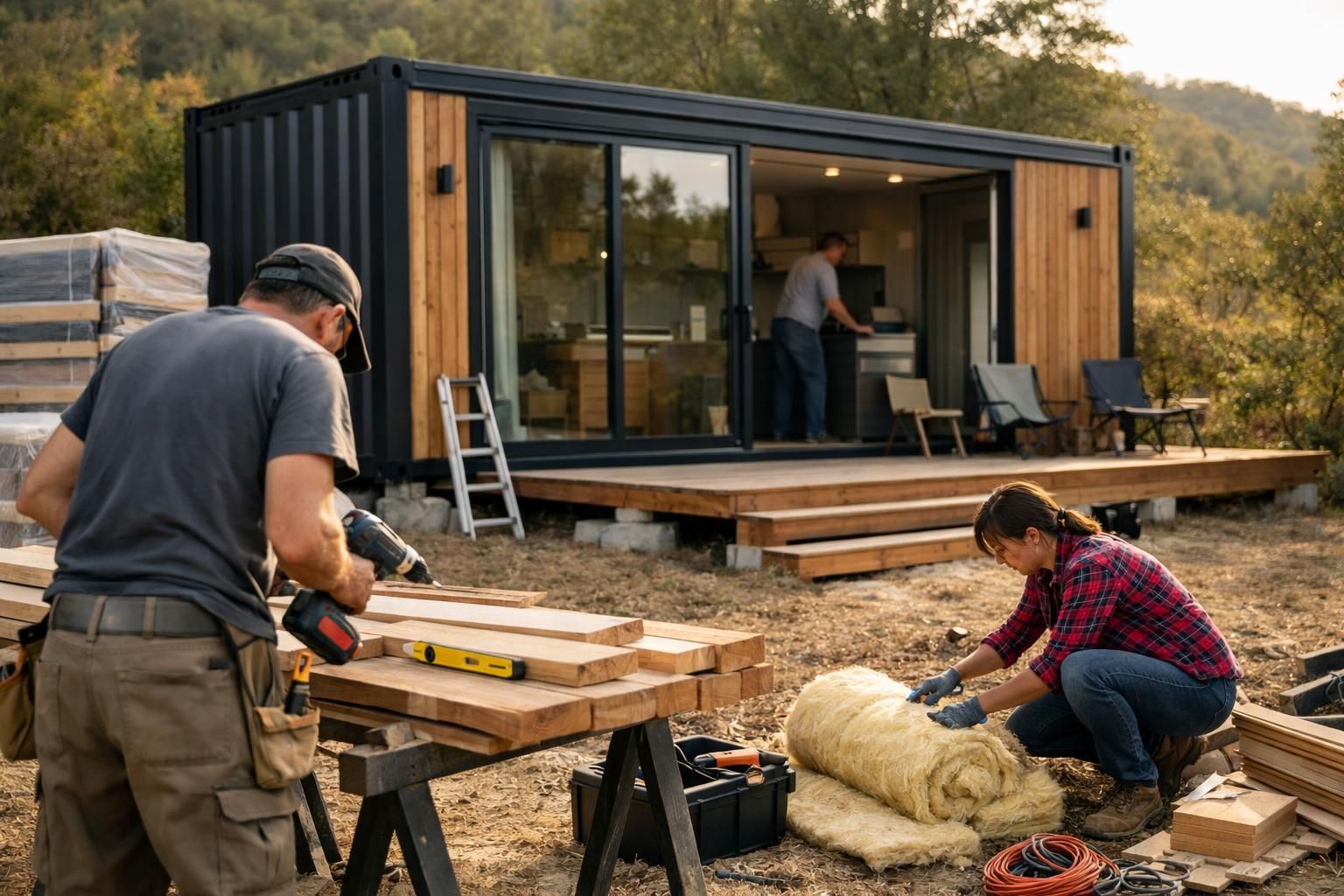 Workers building tiny container home with lumber and insulation