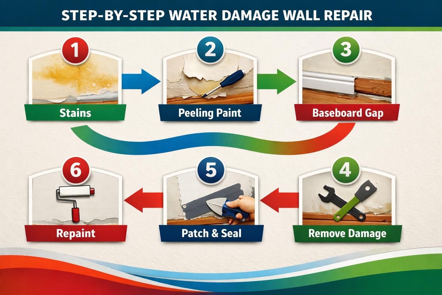 Infographic showing six steps for water damaged wall repair