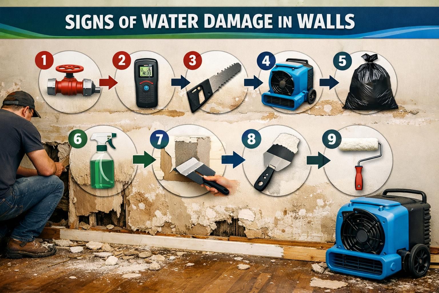 Water-damaged wall with repair steps and blue fan