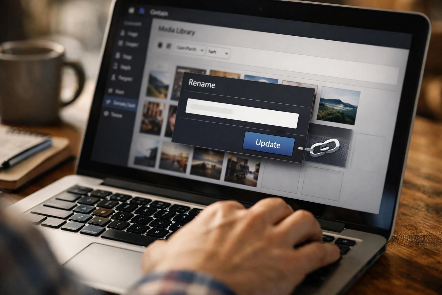 Hand using laptop with rename dialog and update button