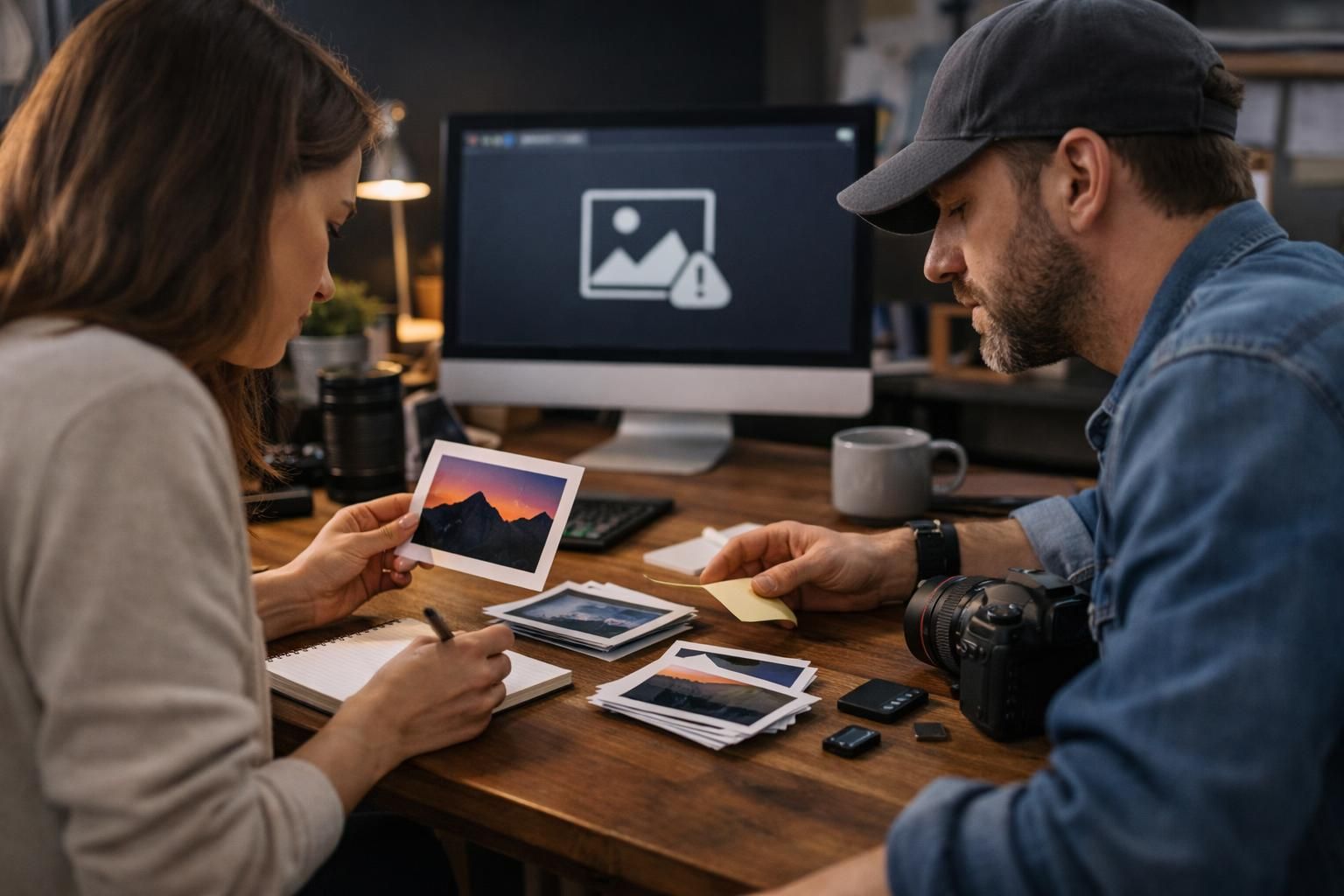 Two photographers review printed photos beside computer error icon