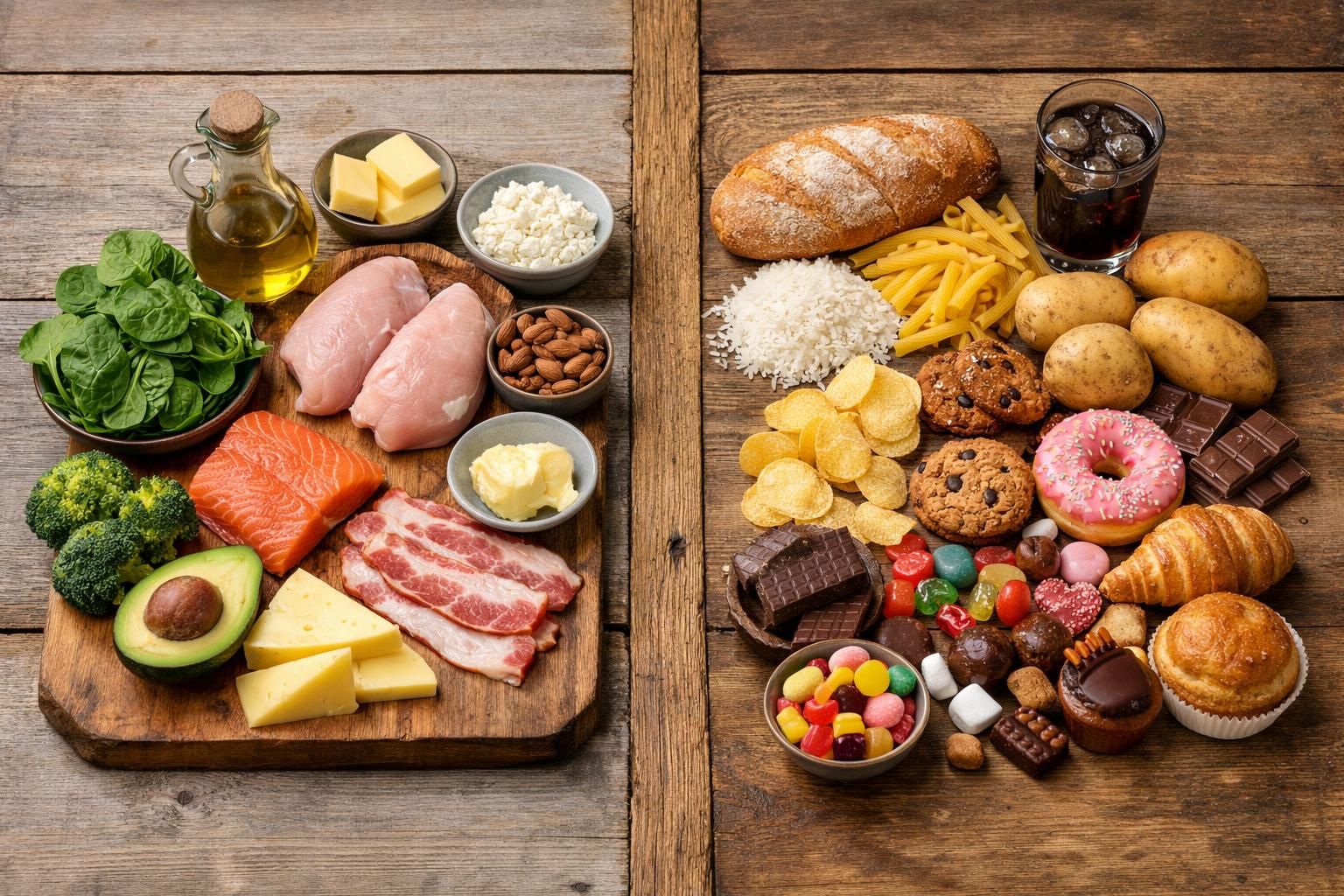 Healthy foods and junk foods arranged on wooden table