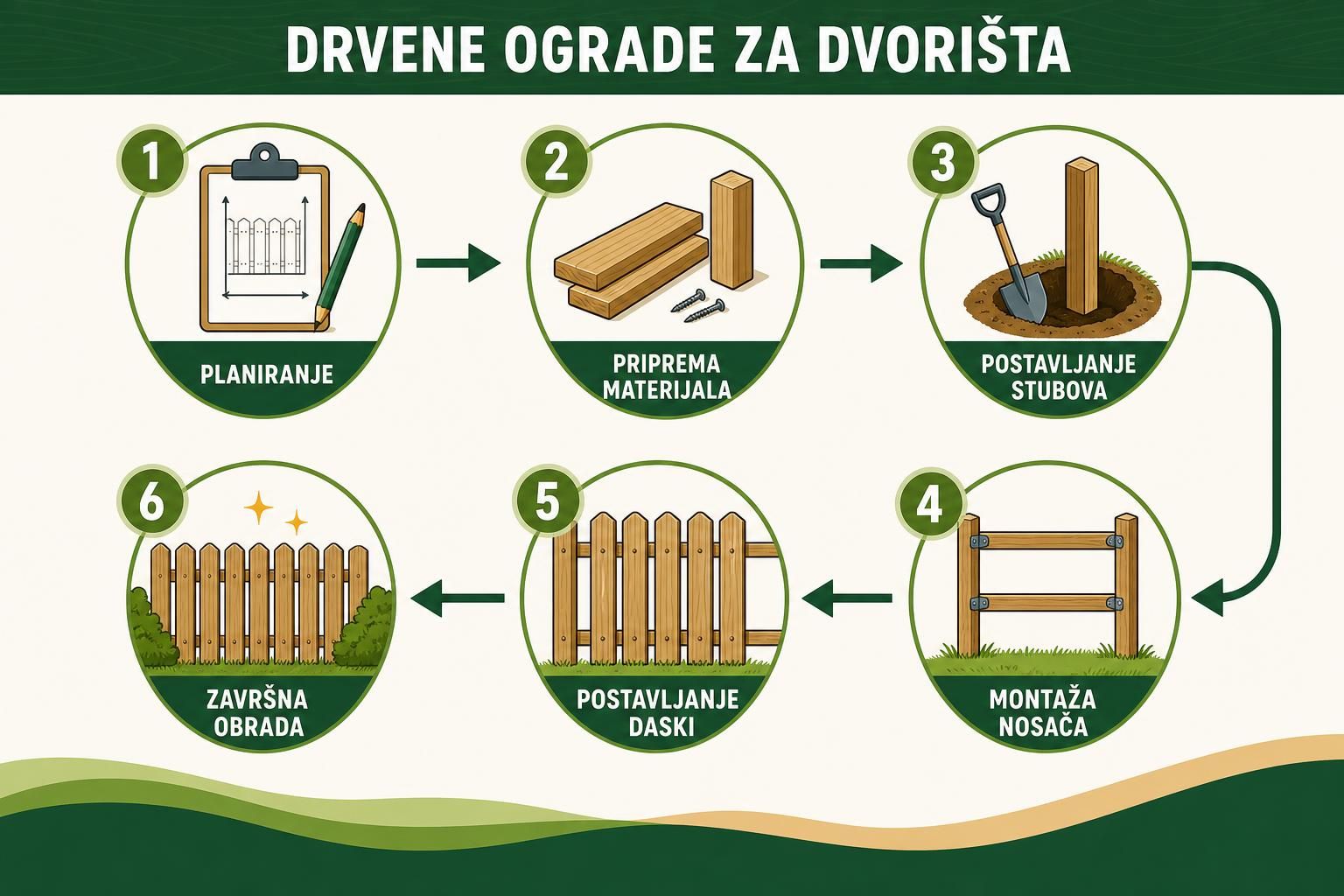 Koraci montaže ograde sa daskama, stubovima i lopatom